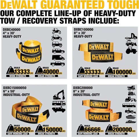 DEWALT DXBC7500050 Black/Yellow 6”x 50’ Tow and Recovery Strap with Looped Ends - 2-Ply / 25,000 LBS Safe Working Load / 75,000 LBS Break Strength