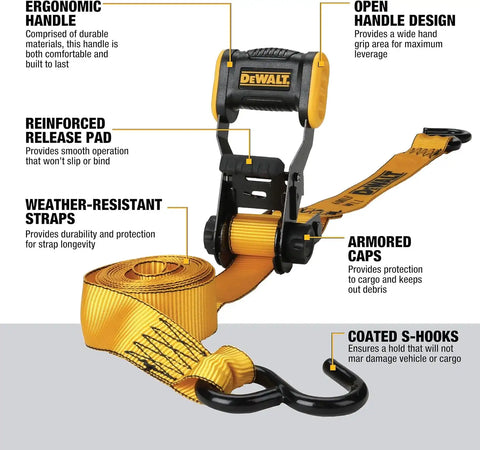 DEWALT DXBC18001-12PK Black/Yellow 1.25" x 12' Ratchet Tie Down Straps - Light-Weight Cargo Hauling (1800 lb Break Strength), 12 Pack