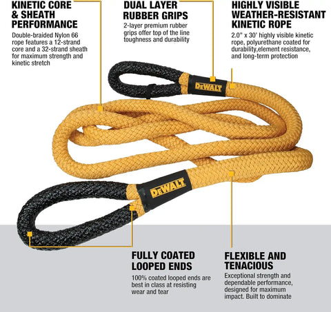 DEWALT DXBC900011 Black/Yellow 2" x 30' Heavy Duty Offroad Recovery Kit - Kinetic Rope 131,600 LBS Break Strength/Soft Shackles 135,000 LBS Break Strength