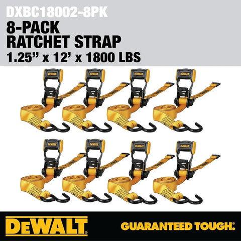 DEWALT DXBC18002-8PK Black/Yellow 1.25" x 12' Ratchet Tie Down Straps - Light-Weight Cargo Hauling (1800 lb Break Strength), 8 Pack