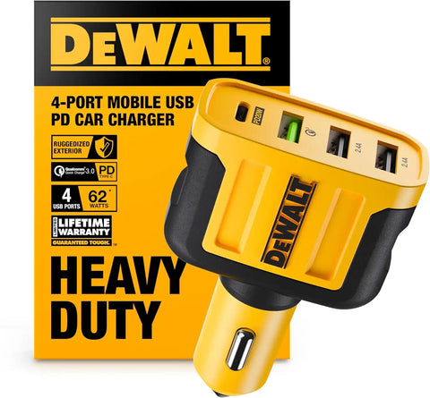DEWALT Heavy Duty 4 Port USB C Car Charger Multiport, Fast 60W USB Cigarette Lighter Adapter, PD Type C Multi Car Phone Charger, Cell Phone Automobile Chargers Compatible iPhone 17/16/15 Samsung