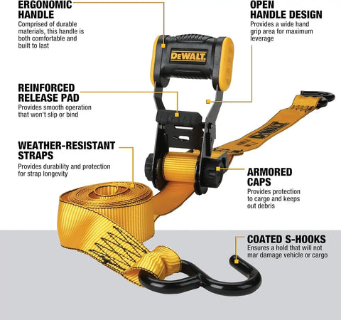 DEWALT DXBC18001 Black/Yellow 1.25" x 12' Ratchet Tie Down Strap - Light-Weight Cargo Hauling (1800 lb Break Strength)