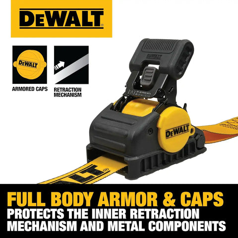 DEWALT DXBC9002 Black/Yellow 2” x 10’ Auto Retractable Ratchet Straps - 1,100 lb Safe Working Load / 3,300 lb Break Strength, 2 Pack