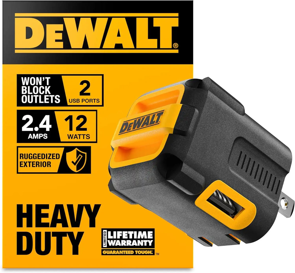 DEWALT Heavy Duty NeverBlock USB Charger, Angled Dual Port 12W Wall Charger Adapter, Foldable Plug, Charging Box Brick, Cube for iPhone 17 16 15 14 13 Pro Max, Galaxy S22 S21 Note 20, HTC, Moto, LG