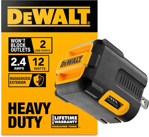 DEWALT Heavy Duty NeverBlock USB Charger, Angled Dual Port 12W Wall Charger Adapter, Foldable Plug, Charging Box Brick, Cube for iPhone 17 16 15 14 13 Pro Max, Galaxy S22 S21 Note 20, HTC, Moto, LG