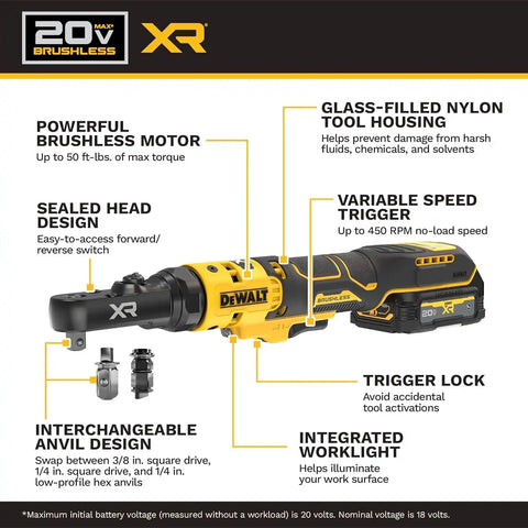DEWALT 20V MAX* XR Brushless 1/4 in. & 3/8 in. Sealed Head Ratchet Kit (DCF520GE1)