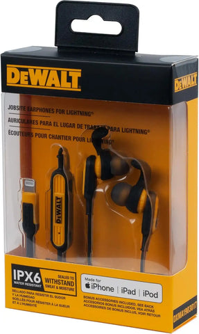 DEWALT Heavy Duty Earphones for Lightning, Compatible w/Apple iPhone Headphones Wired, Jobsite Water-Resistant for iPhone Headphones Wired Lightning, Corded Earphones for iPhones 14 and Older