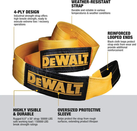 DEWALT DXBC15000050 Black/Yellow 6” x 50’ Tow and Recovery Strap with Looped Ends - 4-Ply / 50,000 LBS Safe Working Load / 150,000 LBS Break Strength