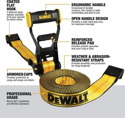 DEWALT DXBC10000F Black/Yellow 2" x 27' Ratchet Tie Down Strap with Flat Hook - Heavy-Duty Cargo Hauling (10,000 lb Break Strength)