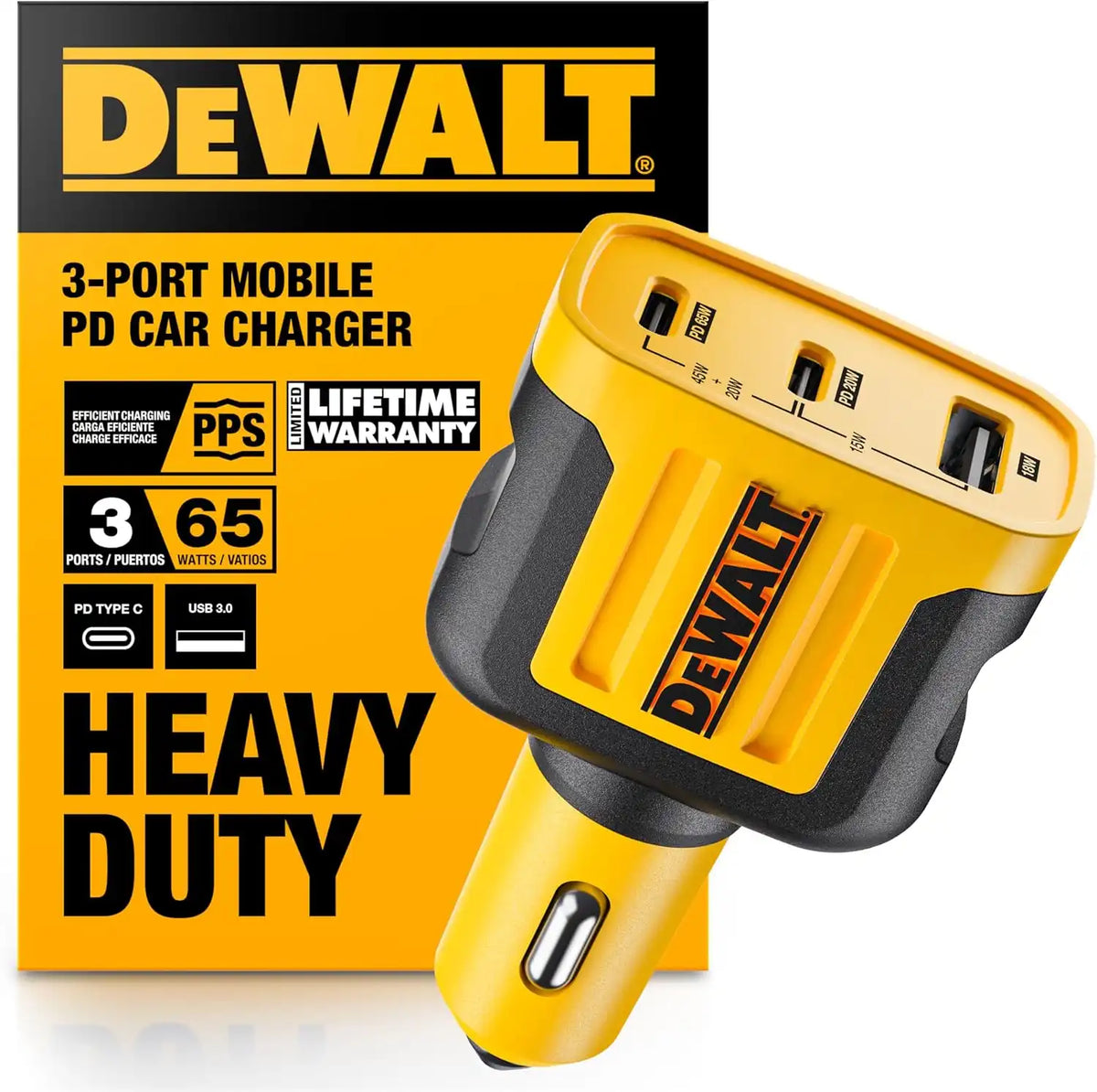DEWALT 65W PD 3-Port Car Charger – USB-C PPS Fast Charging Adapter for Laptops, Phones & Tablets, Dual USB-C + USB-A Ports, 65W Total Output for Efficient Type C + USB Multi-Device Charging On The Go