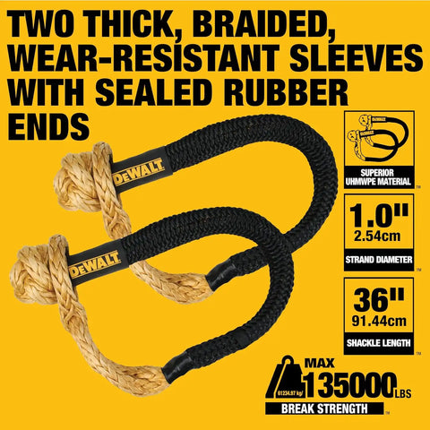 DEWALT DXBC900011 Black/Yellow 2" x 30' Heavy Duty Offroad Recovery Kit - Kinetic Rope 131,600 LBS Break Strength/Soft Shackles 135,000 LBS Break Strength
