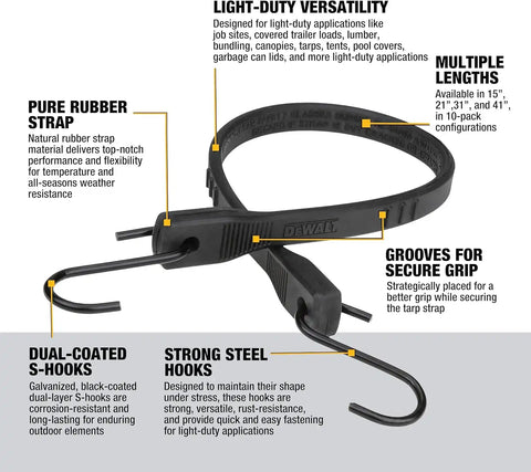DEWALT DXBC3001021 Black 21" Rubber Tarp Straps, 10 Pack