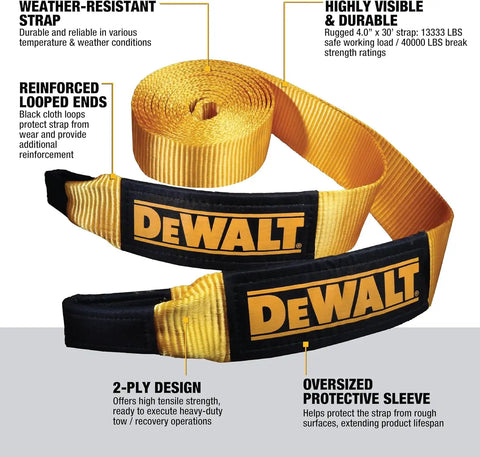 DEWALT DXBC8000-3KIT Heavy Duty Recovery Kit with 3/4" Bow Shackle and 4" x 30' Recovery Tow Strap (40,000 lb Break Strength) - Towing, Winching, Vehicle Recovery