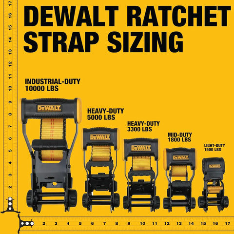 DEWALT DXBC10000F Black/Yellow 2" x 27' Ratchet Tie Down Strap with Flat Hook - Heavy-Duty Cargo Hauling (10,000 lb Break Strength)