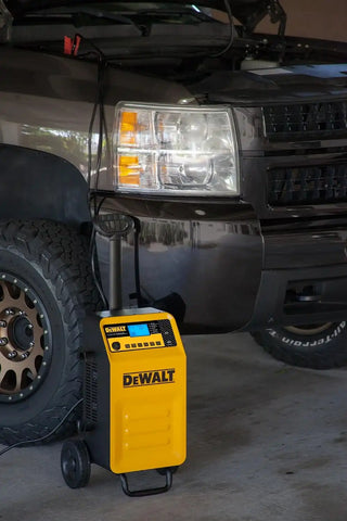 DEWALT DXAEC210 70 Amp Rolling Battery Charger: 210 Amp Engine Start, 2 Amp Maintainer, 120V AC Outlet, 3.1A USB Port, Battery Clamps