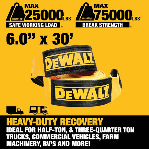 DEWALT DXBC75000 Black/Yellow 6" x 30' Tow and Recovery Strap with Looped Ends - 2-Ply / 25,000 lb Safe Working Load / 75,000 lb Break Strength