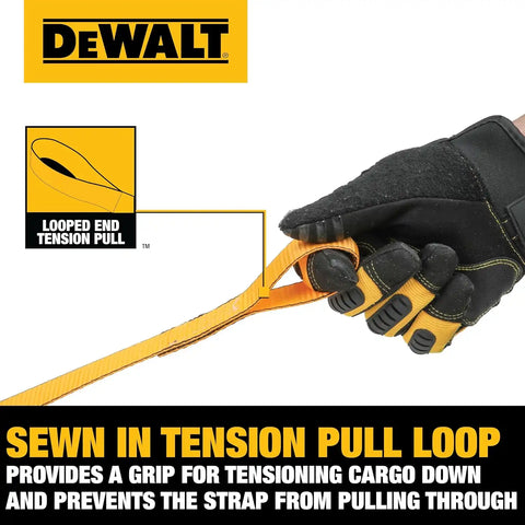 DEWALT DXBC90045 Black/Yellow 1" x 10’ Premium Lashing Straps - 500 LBS Safe Working Load / 1,500 LBS Break Strength, 2 Pack
