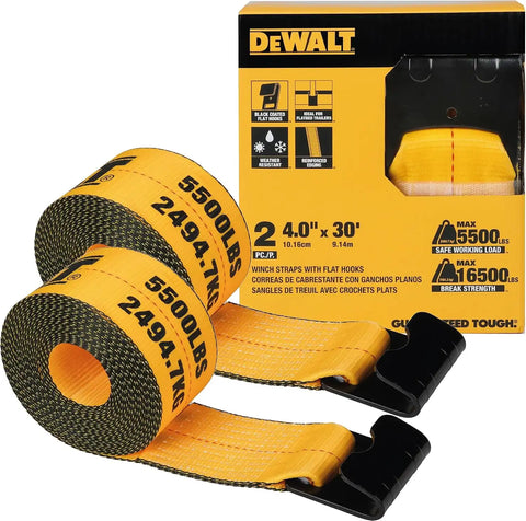 DEWALT DXBC90089 Black/Yellow 4" x 30' Winch Straps - 5,500 lb Safe Working Load / 16,500 lb Break Strength, 2 Pack