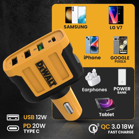 DEWALT Heavy Duty 4 Port USB C Car Charger Multiport, Fast 60W USB Cigarette Lighter Adapter, PD Type C Multi Car Phone Charger, Cell Phone Automobile Chargers Compatible iPhone 17/16/15 Samsung