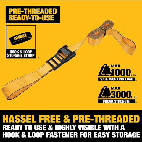 DEWALT DXBC90047 Black/Yellow 2” x 16’ Premium Lashing Straps - 1,000 LBS Safe Working Load / 3,000 LBS Break Strength, 2 Pack
