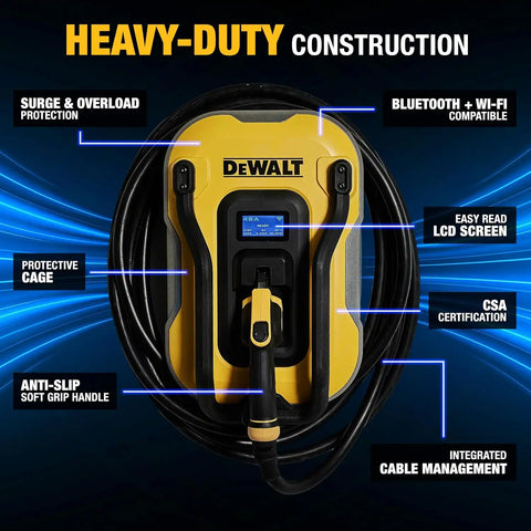 DEWALT Electric Vehicle Level 2 EV Charger up to 40 Amps 240V, App Control Bluetooth & Wi-Fi, CSA Certified Indoor/Outdoor NEMA 14-50 Plug Wall Mounted Charging Station with 25 ft. Cable