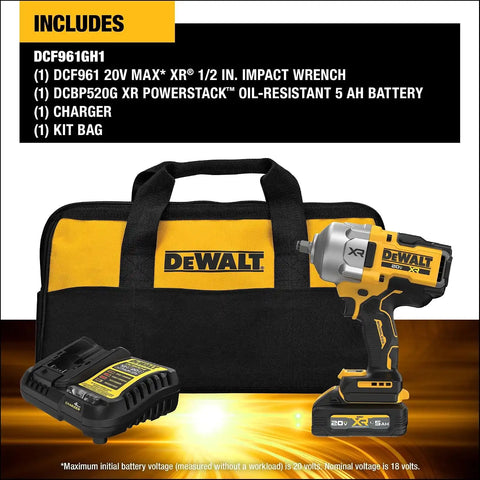 DEWALT 20V MAX XR 1/2 Inch Cordless Impact Wrench Kit with Hog Ring Anvil, Battery and Charger Included (DCF961GP1)