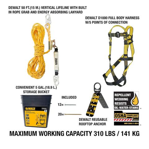DEWALT Rooftop Safety kit with D1000 Harness with Pass-Thru Chest and Leg Buckles, 50' Vertical Lifeline w/Rope Adjustor and Reusable Rooftop Anchor