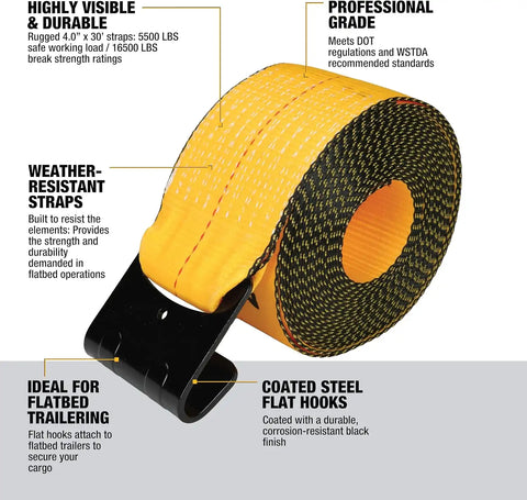 DEWALT DXBC90090 Black/Yellow 4" x 30' 16,500 Winch Strap - 5,500 lb Safe Working Load / 16,500 lb Break Strength