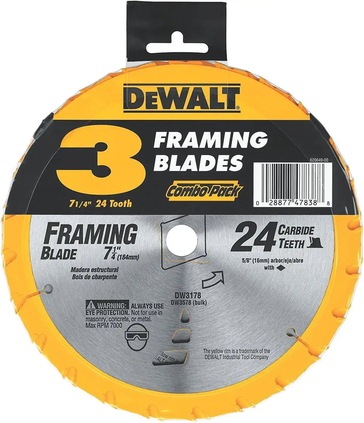 DEWALT Circular Saw Blade, 7 1/4 Inch, 24 Tooth, Framing (DW3578B3)