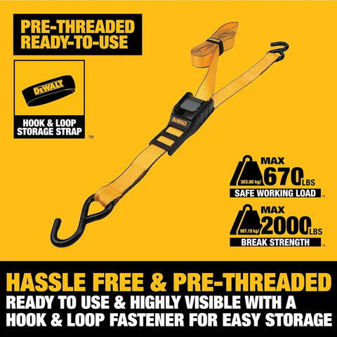 DEWALT DXBC90043 Black/Yellow 1.25” x 14’ Cam-Buckle Straps - 670 LBS Safe Working Load / 2,000 LBS Break Strength, 2 Pack