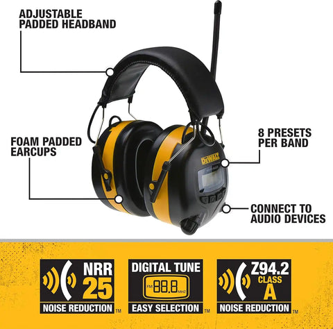 DEWALT DPG15 Hearing Protection Earmuffs with AM/FM Radio, LCD Display, 8 Presets, 3.5mm Aux, NRR 25dB