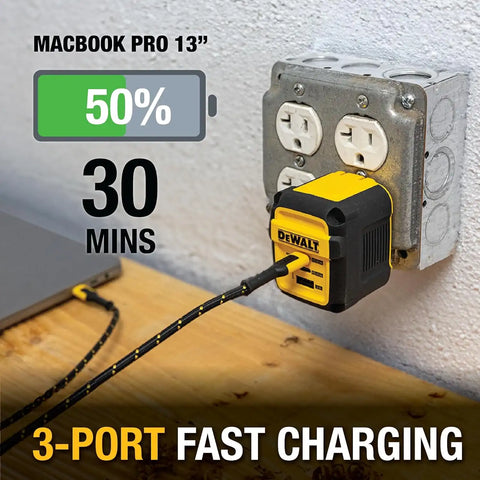 DEWALT Heavy Duty 3 Port Dual USB C Charger Block, USB C Power Adapter GaN Charger (65W), PPS 3-Port Fast Compact Foldable for MacBook Pro/Air iPad Pro Galaxy S23 Dell XPS 13 iPhone 17/16/15