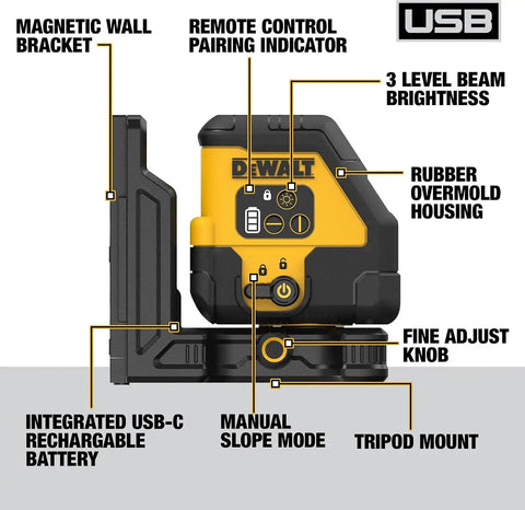 DEWALT USB Rechargeable Red Cross Line Laser Base Kit (DCLE14201RB)