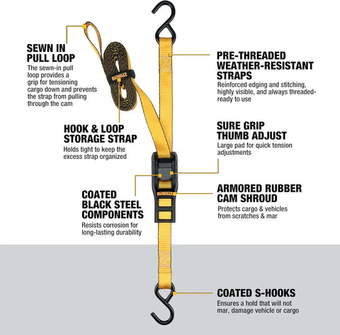 DEWALT DXBC90042 Black/Yellow 1” x 12’ Cam-Buckle Straps - 500 LBS Safe Working Load / 1,500 LBS Break Strength, 2 Pack