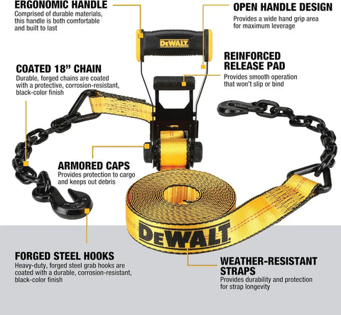 DEWALT DXBC10000C Black/Yellow 2" x 30' Ratchet Tie Down Strap with 18" Chain and Steel Hooks - 3,333 lb Safe Working Load / 10,000 lb Break Strength