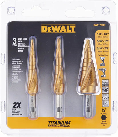DEWALT Step Drill Bit Set:3 Piece, Titanium Nitride Coated, 31 Hole Sizes, 1/8 in to 7/8 in, 1/4 in Shank Hex Size (DWA1790IR)