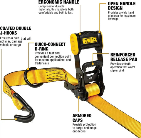 DEWALT DXBC33004 Black/Yellow 1.5" x 16' Ratchet Tie Down Straps - Mid-Weight Cargo Hauling (3300 lb Break Strength), 4 Pack