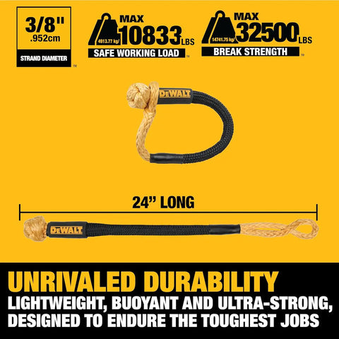 DEWALT DXBC90007 Black/Yellow 3/8” x 24" Kinetic Soft Shackle with 6" Loop - 10,833 lb Safe Working Load / 32,500 lb Break Strength