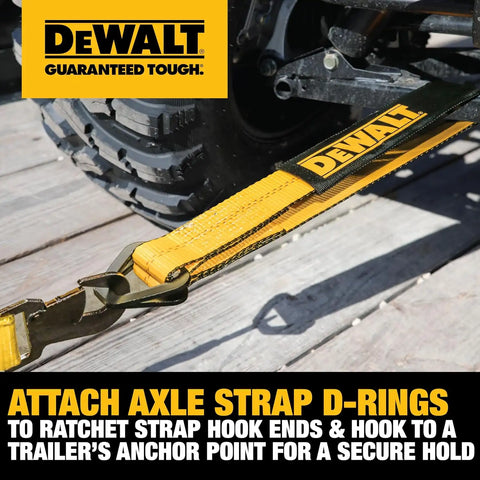 DEWALT DXBC80005 Black/Yellow 2" x 38" Premium Axle Tie Down Strap Kit (12,000 lb Break Strength) - Heavy Duty Protective for Truck, Trailer, ATV, UTV, 4 Pack
