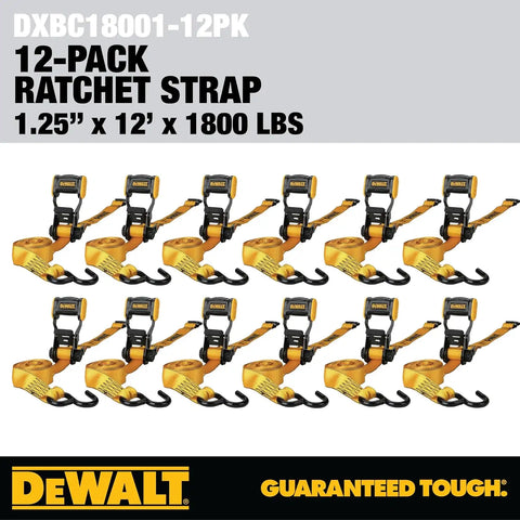 DEWALT DXBC18001-12PK Black/Yellow 1.25" x 12' Ratchet Tie Down Straps - Light-Weight Cargo Hauling (1800 lb Break Strength), 12 Pack