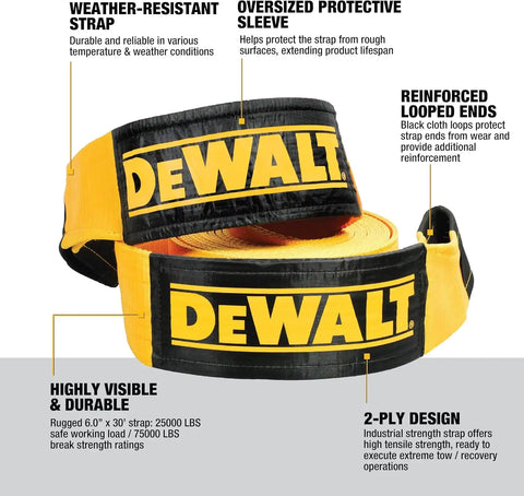 DEWALT DXBC75000 Black/Yellow 6" x 30' Tow and Recovery Strap with Looped Ends - 2-Ply / 25,000 lb Safe Working Load / 75,000 lb Break Strength