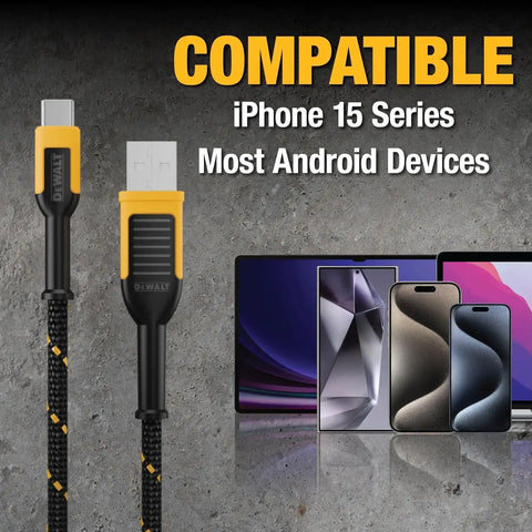 DEWALT Heavy Duty USB to USB C Cable, Jobsite Type C Cable, High Speed USBA to Type-C, Fast Charge USBC Fast Charging Cord for iPhone 17/16/15 Pro Max MacBook iPad Samsung Galaxy 10ft (USB2.0, Black)
