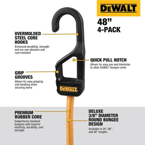 DEWALT DXBC300484 Black/Yellow 48” Premium Heavy-Duty Bungee Cords, 4 Pack