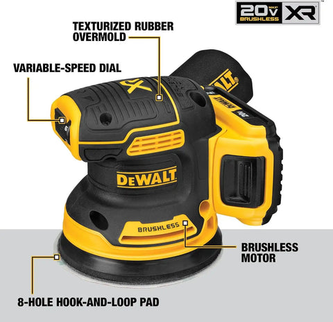 DEWALT 20V MAX Orbital Sander Cordless, 5-Inch Sander Tool, 2.Ah, 8,000-12,000 OPM, Variable Speed Dial, Storage Bag, Battery and Charger Included (DCW210D1)