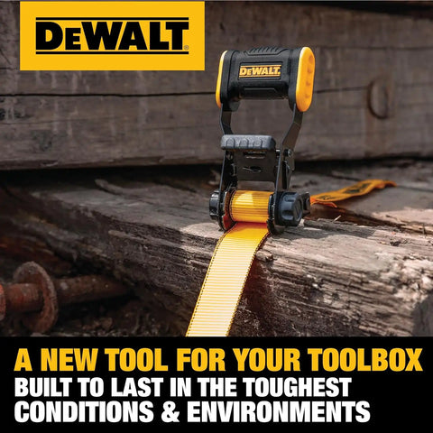 DEWALT DXBC18001 Black/Yellow 1.25" x 12' Ratchet Tie Down Strap - Light-Weight Cargo Hauling (1800 lb Break Strength)
