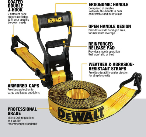 DEWALT DXBC10000J-6PK Black/Yellow 2" x 27' Ratchet Tie Down Straps with Double J-Hooks - Heavy-Duty Cargo Hauling (10,000 lb Break Strength), 6 Pack