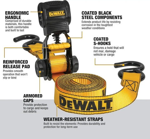 DEWALT DXBC15006X Black/Yellow 1" x 10' Ratchet Tie Down Strap - 500 lb Safe Working Load / 1,500 lbs Break Strength, 6 Pack