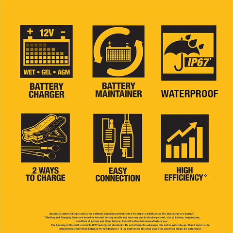 DEWALT DXAEWPC4 Fully Automatic 4 Amp 12V Waterproof Battery Charger/Maintainer with Cable Clamps