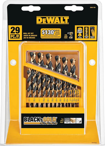 DEWALT Drill Bit Set 29 Pc Black and Gold, High Speed Steel, Split Point, Black Oxide Coating, Optimized Helix, Stronger Core Bit Set for Drill (DWA1189)