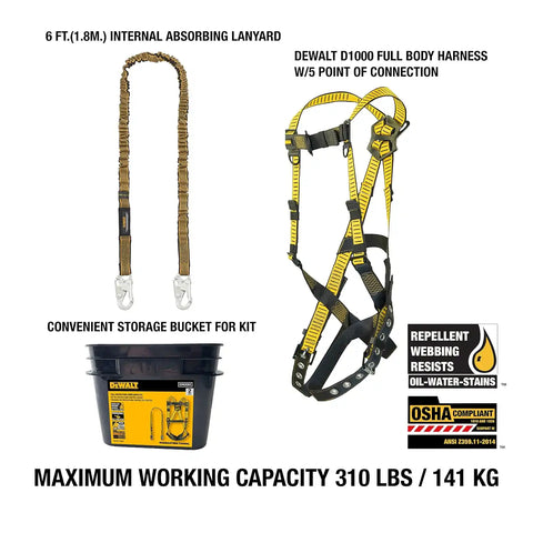 DEWALT Fall protection compliance kit with, D1000 harness, 5 Point Adjustment with Pass-Thru Chest and Tongue Buckle Legs